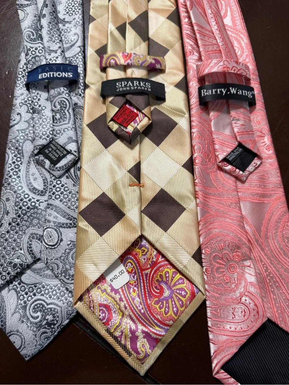 Three-Piece Men's Tie Set - Gray, Gold, Coral Pink